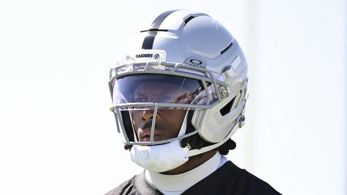  May 20, 2026; Henderson, NV, USA; Las Vegas Raiders wide receiver Tre Tucker (1) practices during organized team activities at Intermountain Health Performance Center. Mandatory Credit: Candice Ward-Imagn Images | Candice Ward-Imagn Images 