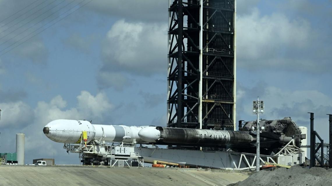 Lying horizontal on the pad, the SpaceX Falcon Heavy rocket is being prepared to launch the ViaSat-3 F3 Satellite from Launch Complex 39A at the Kennedy Space Center, Florida on Sunday. ViaSat-3 will be the third latest generation VisSat satellite to be lifted to a geosynchronous orbit. Photo by Joe Marino/UPI