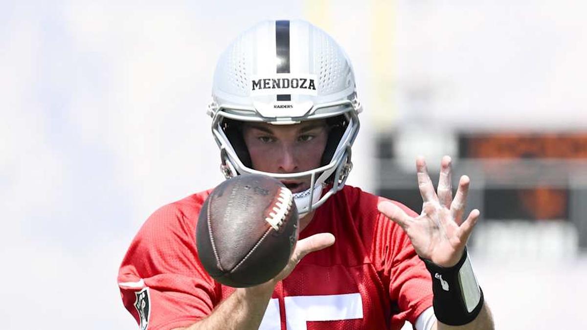 May 2, 2026; Henderson, NV, USA; Las Vegas Raiders quarterback Fernando Mendoza (15) runs through a drill during a Rookie Minicamp at Intermountain Health Performance Center. Mandatory Credit: Candice Ward-Imagn Images | Candice Ward-Imagn Images 