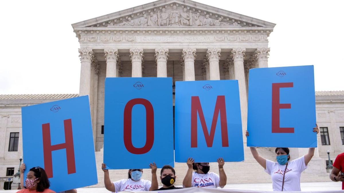 Immigration advocates rally outside the Supreme Court after its a ruling in favor of the Deferred Action for Childhood Arrivals program in Washington in June 2020. The court's 5-4 decision rejected the Trump administration's plan to end DACA. File Photo by Kevin Dietsch/UPI