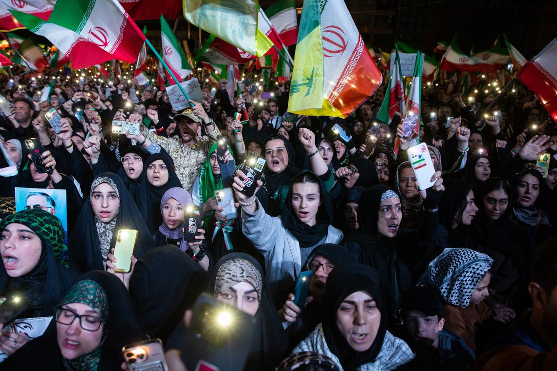 A pro-government demonstration in Enghelab Square in Tehran, Iran on Wednesday, April 22, 2026. The killing of Ayatollah Ali Khamenei has ushered in a new form of collective leadership, with more power for the generals of the Revolutionary Guard. (Arash Khamooshi/The New York Times)