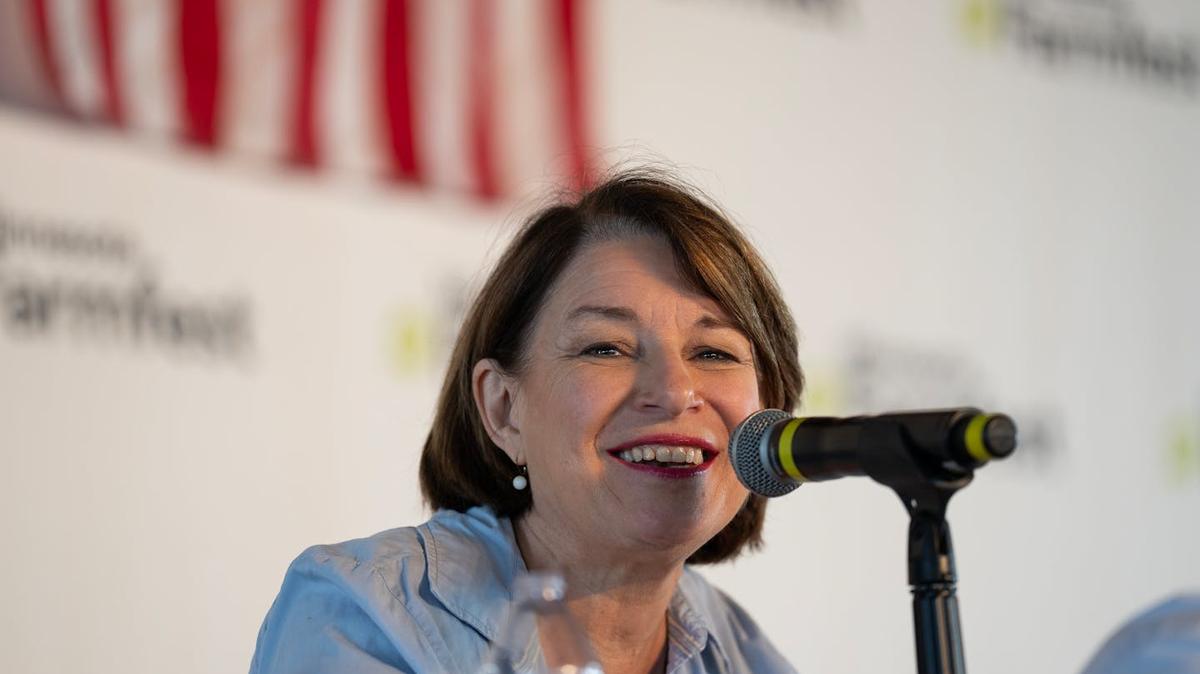 Sen. Amy Klobuchar speaks during a United States Senate candidate forum at Farmfest in Morgan, Minnesota, on Aug. 7, 2024. (Shari L. Gross/The Minnesota Star Tribune/TNS)