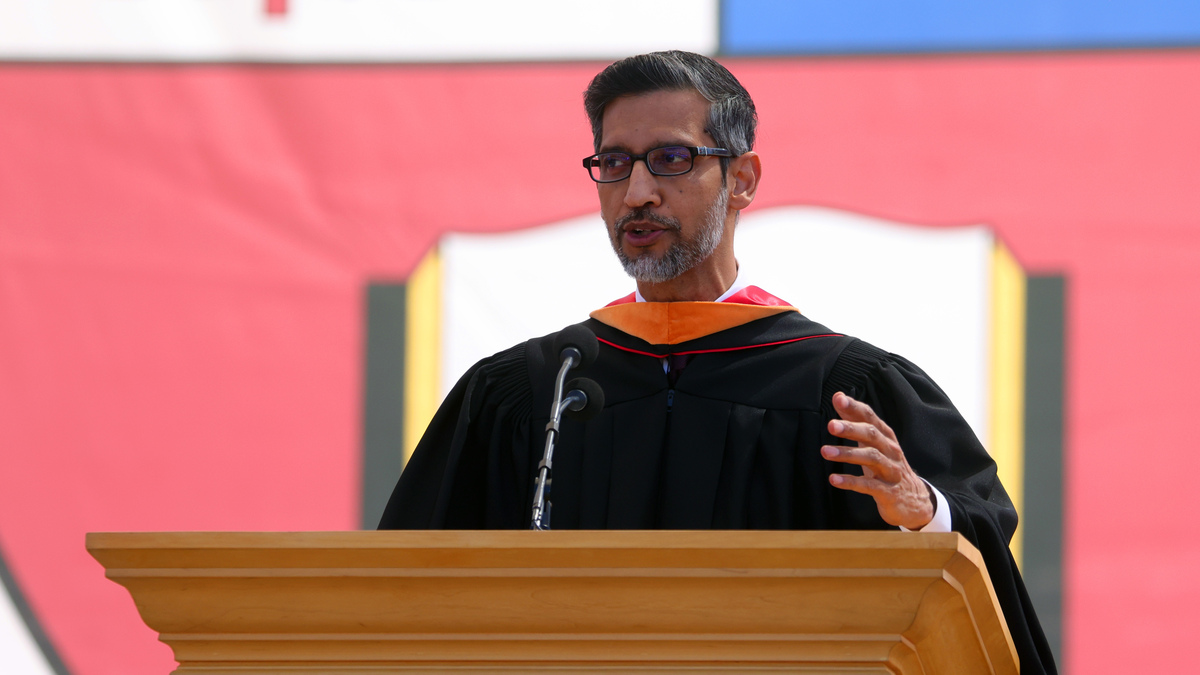 Google and Alphabet CEO Sundar Pichai, delivers Stanford’s Commencement address on Sunday, June 14, 2026, in Palo Alto, Calif.  (Aric Crabb/Bay Area News Group)