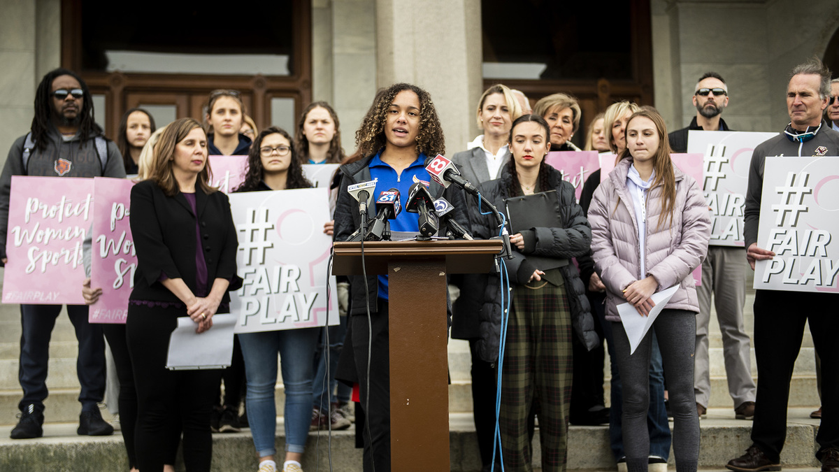 Danbury High School sophomore Alanna Smith speaks during a press conference at the Connecticut State Capitol on Feb. 12, 2020, in downtown Hartford, Conn. The families of high school athletes Selina Soule, Alanna Smith and Chelsea Mitchell have filed a federal lawsuit against the Connecticut Association of Schools and multiple school districts alleging discrimination. The athletes say they lost out on top finishes and possible scholarship opportunities because a statewide policy allows transgender athletes to compete against cisgender girls. (Kassi Jackson/Hartford Courant/TNS)