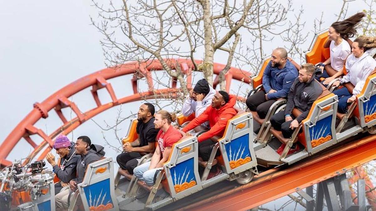  New England Patriots players riding a roller coaster during the team's schedule release video. | Courtesy of the New England Patriots/Eric J. Adler 