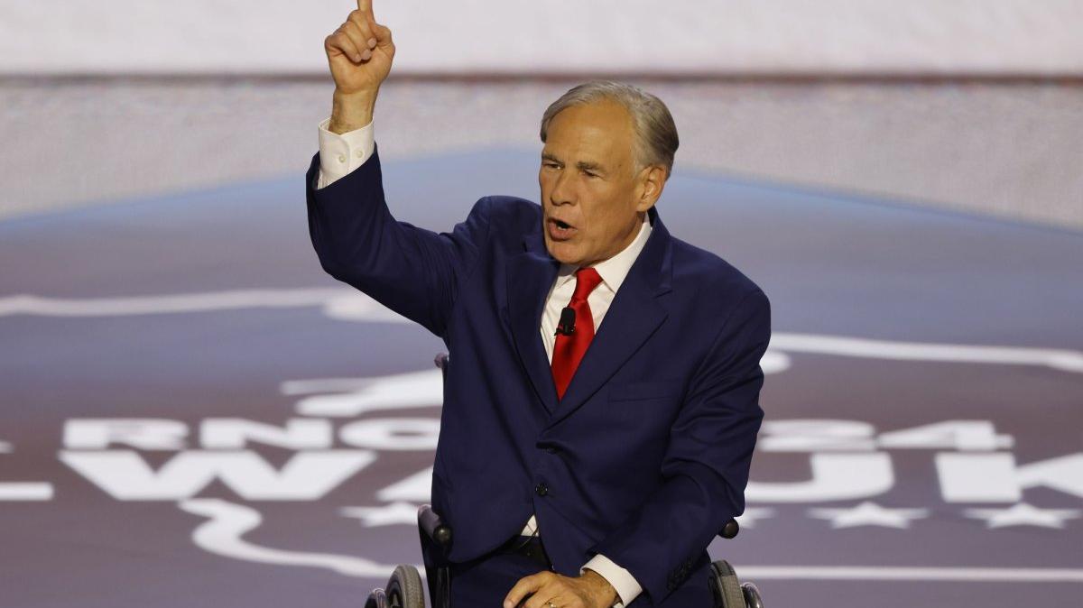 Texas Gov. Greg Abbott speaks at the 2024 Republican National Convention at Fiserv Forum in Milwaukee on July 17, 2024. On Monday, Abbott ordered the arrest of state Democrats who fled Texas before a vote could be taken on redistricting maps that could favor the GOP in next year's midterm elections.
