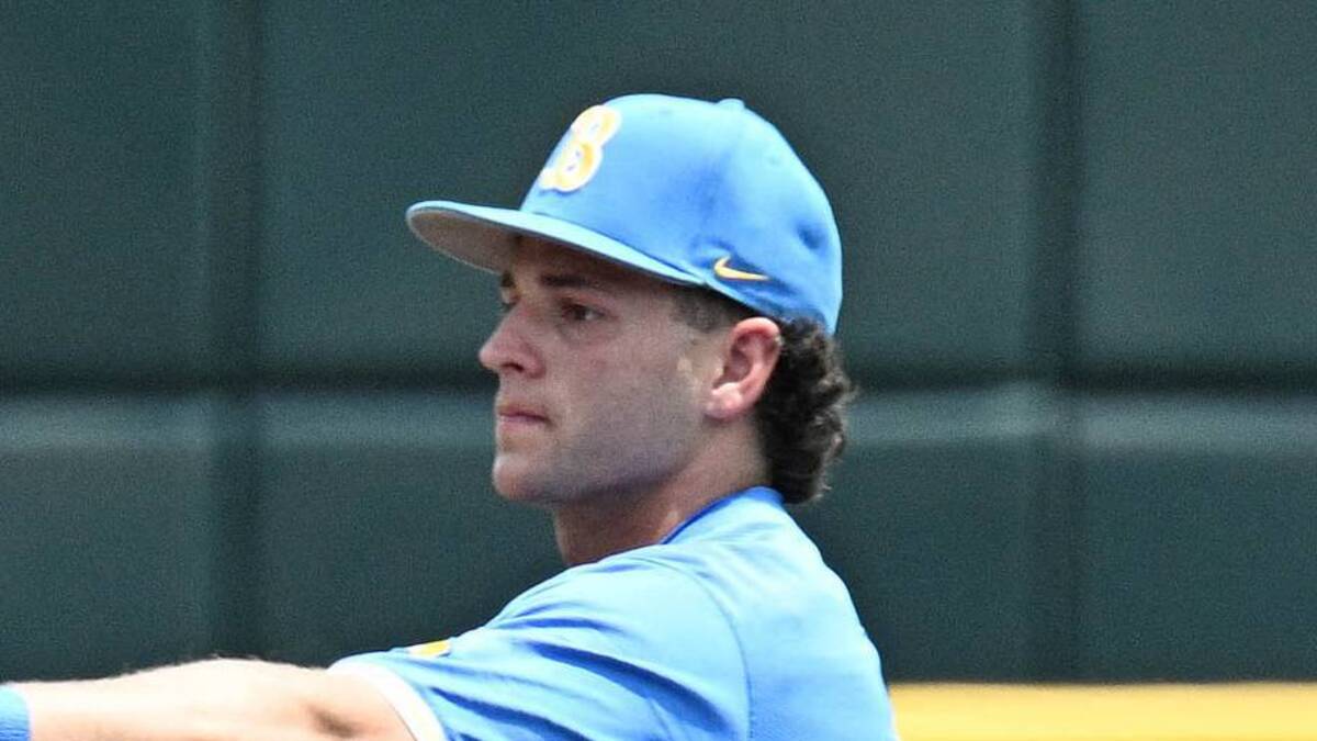  Jun 14, 2025; Omaha, Neb, USA; UCLA Bruins shortstop Roch Cholowsky (1) signals after a strike call against the Murray State Racers during the first inning at Charles Schwab Field. Mandatory Credit: Steven Branscombe-Imagn Images | IMAGN IMAGES via Reuters Connect 