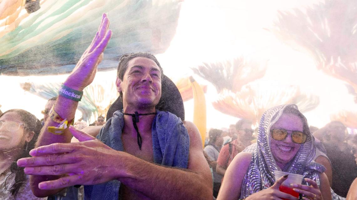 Festival goers cool off at the Do Lab stage during day one of the Coachella Valley Music & Arts Festival in Indio on Friday, April 17, 2026. (Photo by Drew A. Kelley, Press-Telegram/SCNG)