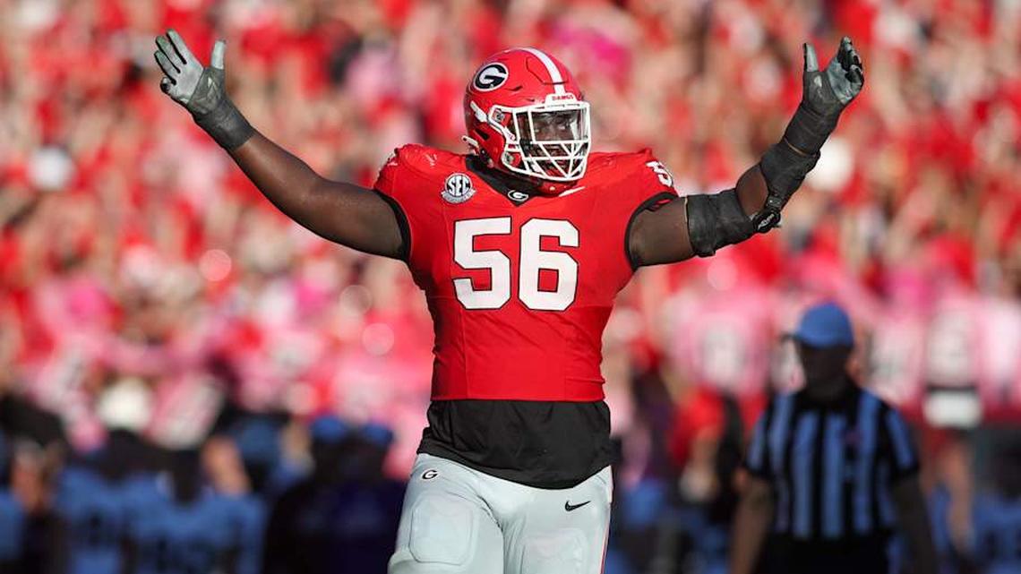 Oct 12, 2024; Athens, Georgia, USA; Georgia Bulldogs offensive lineman Micah Morris (56) celebrates after a touchdown against the Mississippi State Bulldogs in the second quarter at Sanford Stadium. Mandatory Credit: Brett Davis-Imagn Images | Brett Davis-Imagn Images 