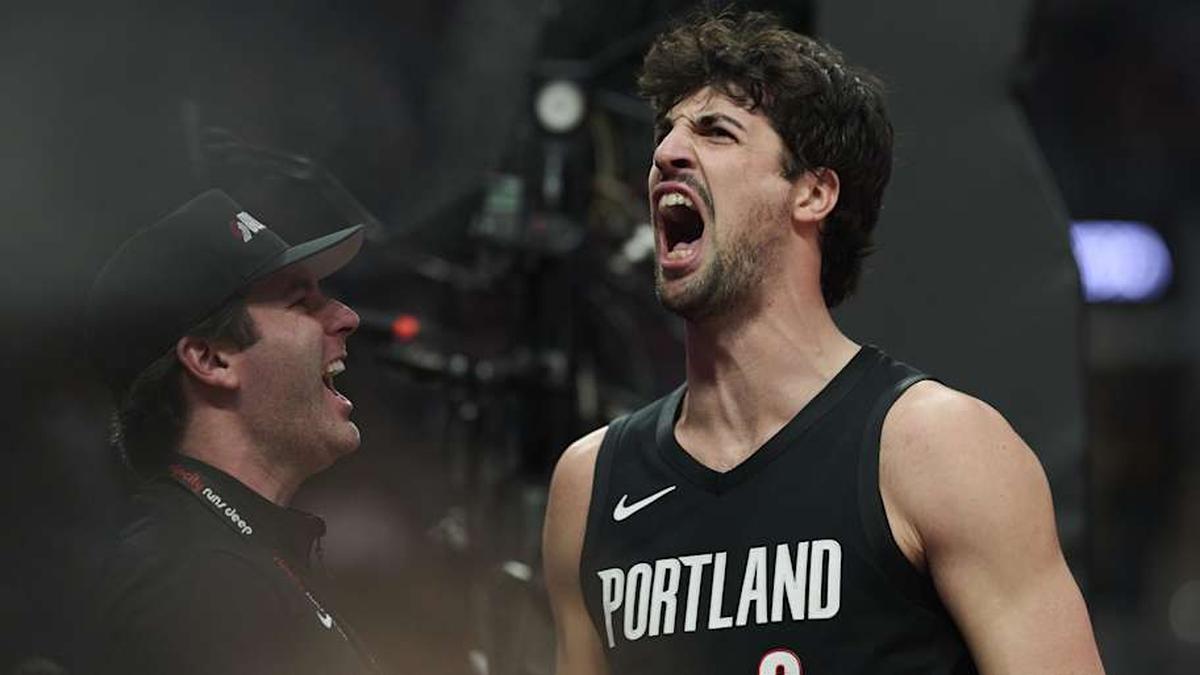  Apr 26, 2026; Portland, Oregon, USA; Portland Trail Blazers forward Deni Avdija (8) reacts after being fouled and scoring a basket during the first half against the San Antonio Spurs during game four of the first round of the 2026 NBA Playoffs at Moda Center. | Troy Wayrynen-Imagn Images 