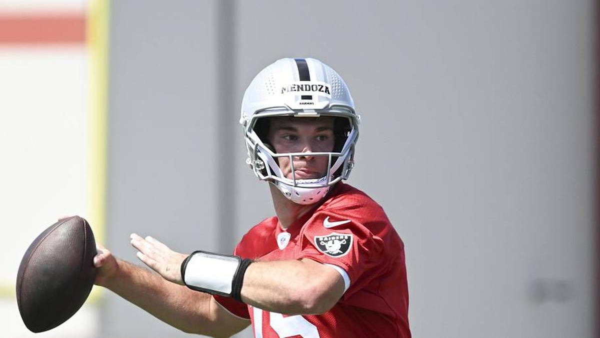  May 2, 2026; Henderson, NV, USA; Las Vegas Raiders quarterback Fernando Mendoza (15) runs through a drill during a Rookie Minicamp at Intermountain Health Performance Center. Mandatory Credit: Candice Ward-Imagn Images | Candice Ward-Imagn Images 