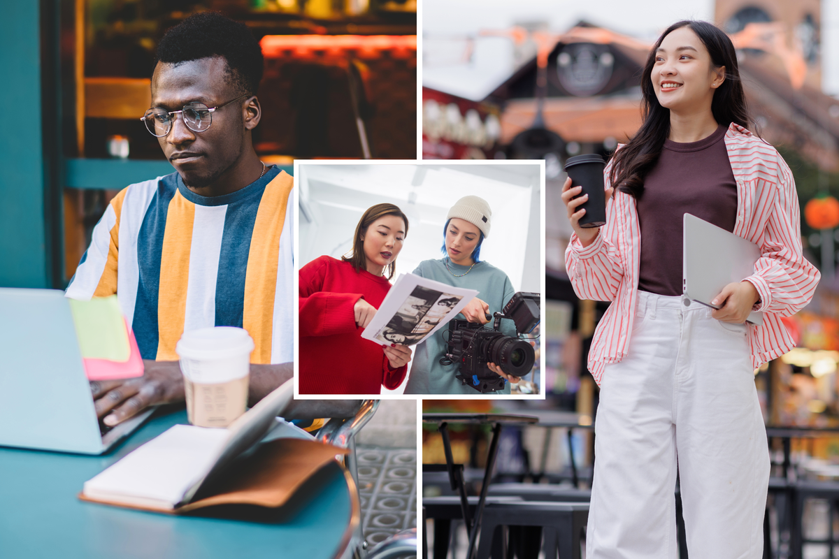  A man works on a laptop at a bar, left; two creatives work a photo shoot, inset; and a “digital nomad” walks outdoors holding a laptop and coffee cup, right. 