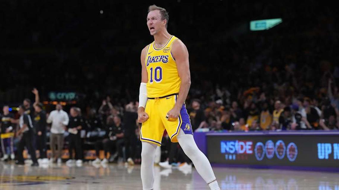  Apr 18, 2026; Los Angeles, California, USA; Los Angeles Lakers guard Luke Kennard (10) celebrates against the Houston Rockets in the second half during game one of the first round of the 2026 NBA Playoffs at Crypto.com Arena. | Kirby Lee-Imagn Images 