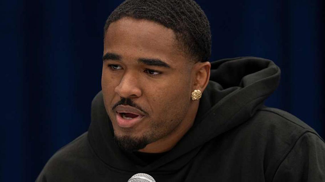  Feb 26, 2026; Indianapolis, IN, USA; Southern California defensive back Kamari Ramsey (DB45) speaks to members of the media during the NFL Combine at the Indiana Convention Center. Mandatory Credit: Jacob Musselman-Imagn Images | Jacob Musselman-Imagn Images 