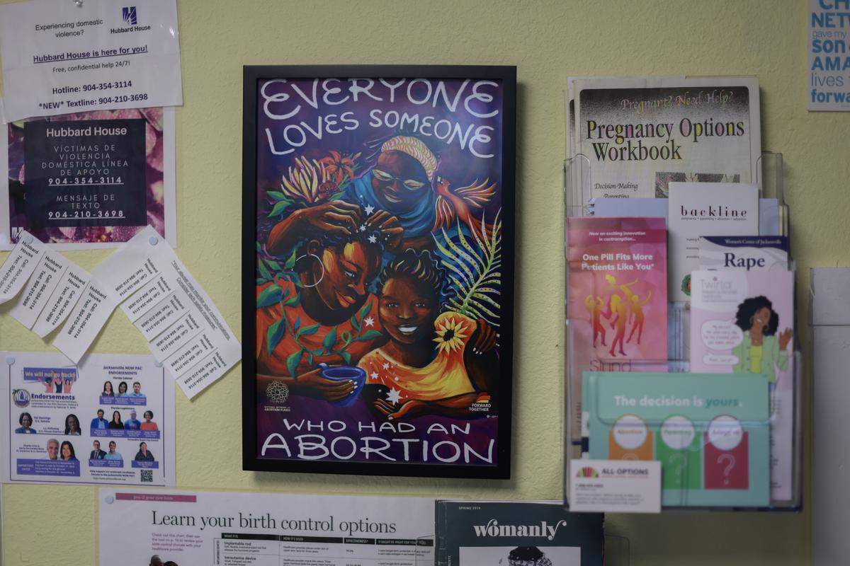  Supportive messages hang on a wall of the group counseling room in the A Woman’s Choice of Jacksonville clinic on April 30, 2024. 