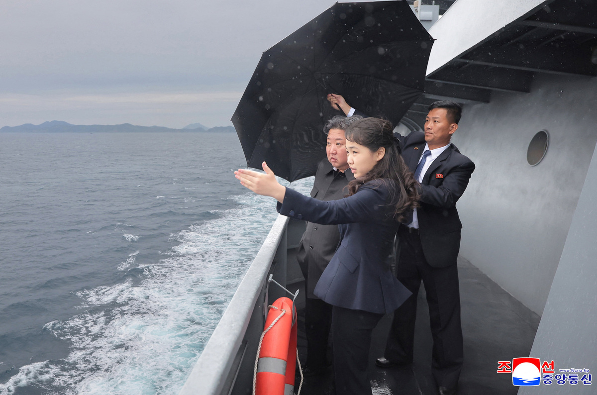 North Korean leader Kim Jong Un and his daughter Kim Ju Ae visit the naval vessel Kang Kon to supervise the vessel's navigation test, in an undisclosed location, in this picture released by North Korea's official Korean Central News Agency on June 6, 2026.   KCNA via REUTERS