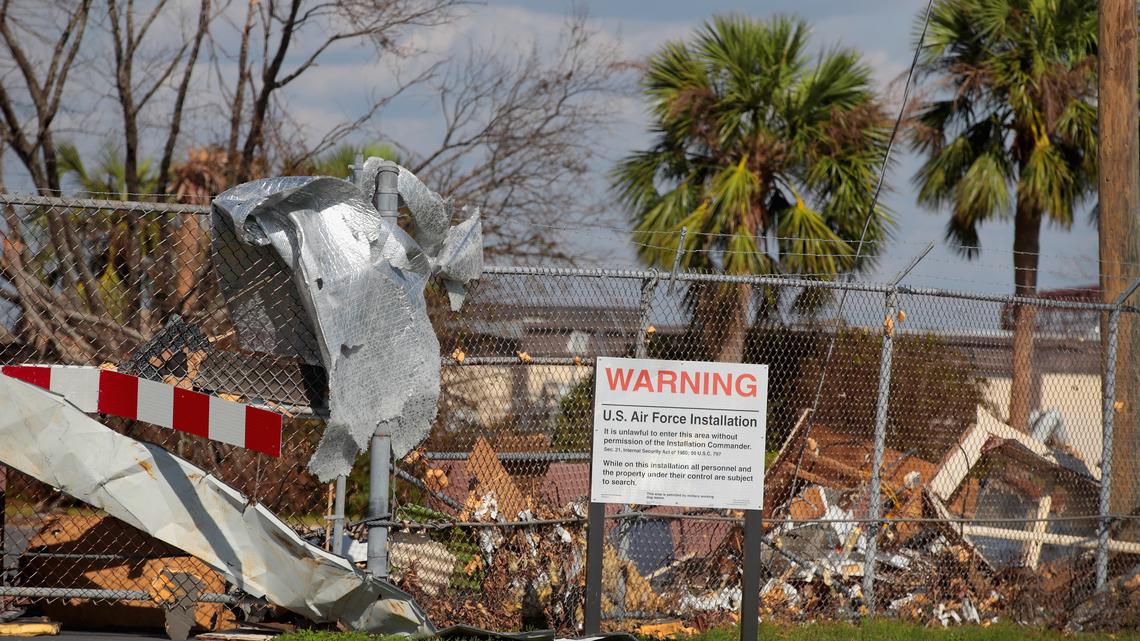 Debris litters Tyndall Air Force Base following Hurricane Michael on Oct. 17, 2018, in Panama City, Florida. the base experienced extensive damage from the storm. Hurricane Michael slammed into the Florida Panhandle on October 10, as a category 4 storm causing massive damage and claiming nearly 30  lives.  (Scott Olson/Getty Images/TNS)