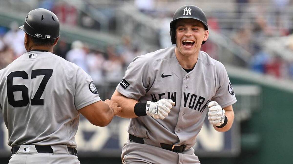  Jul 12, 2026; Washington, District of Columbia, USA; New York Yankees infielder Ben Rice (22) celebrates after hitting a two-run triple in the eighth inning against the Washington Nationals at Nationals Park. | IMAGN IMAGES via Reuters Connect 