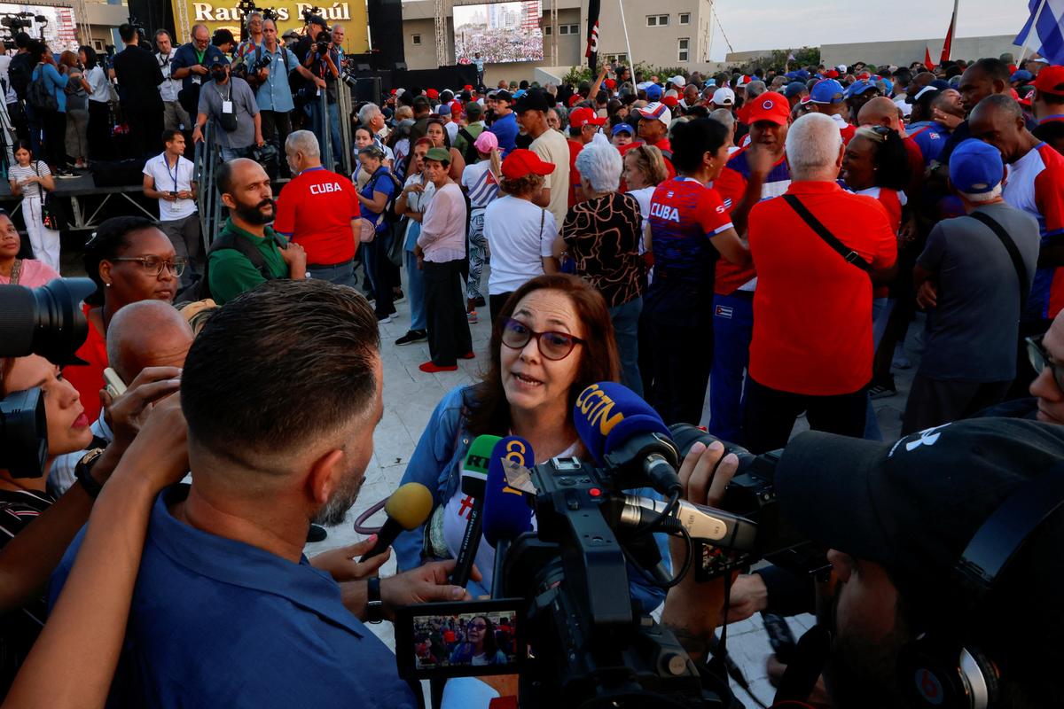 Mariela Castro, daughter of former Cuban President Raul Castro, speaks with members of the press during a government rally called by Cuban authorities to protest U.S. policies toward the island, including the indictment of the former president, in Havana, Cuba, May 22, 2026. REUTERS/Norlys Perez
