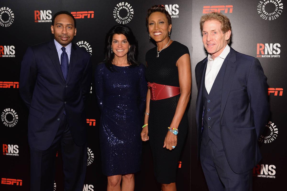  NEW YORK, NY - MAY 28: (L-R): Stephen A. Smith, Paley Center CEO and President Maureen J. Reidy, Robin Roberts, Former Anchor, ESPN and Skip Bayless attend the Paley Prize Gala honoring ESPN's 35th anniversary presented by Roc Nation Sports on May 28, 2014 in New York City. (Photo by Jamie McCarthy/Getty Images for Paley Center for Media) 