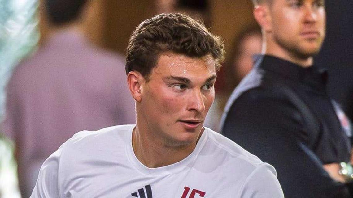  Fernando Mendoza participates in Indiana University's Pro Day at Mellencamp Pavilion on Wednesday, April 1, 2026. | Rich Janzaruk/Herald-Times / USA TODAY NETWORK via Imagn Images 