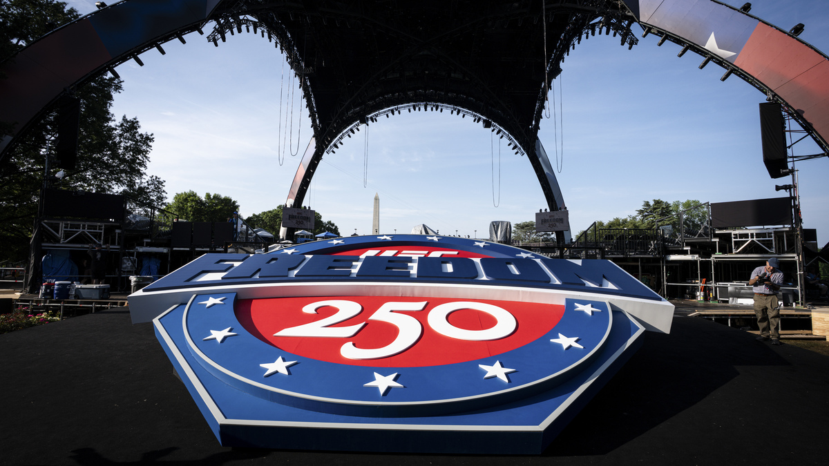 Construction in preparation for UFC fights, which Freedom 250 lent its name to, outside of the White House in Washington on Thursday. It is Freedom 250, not America 250, that has taken the lead on President Donald Trump's grand plans for the anniversary, which include a triumphal arch, a National Garden of American Heroes and a Great American State Fair on the National Mall.