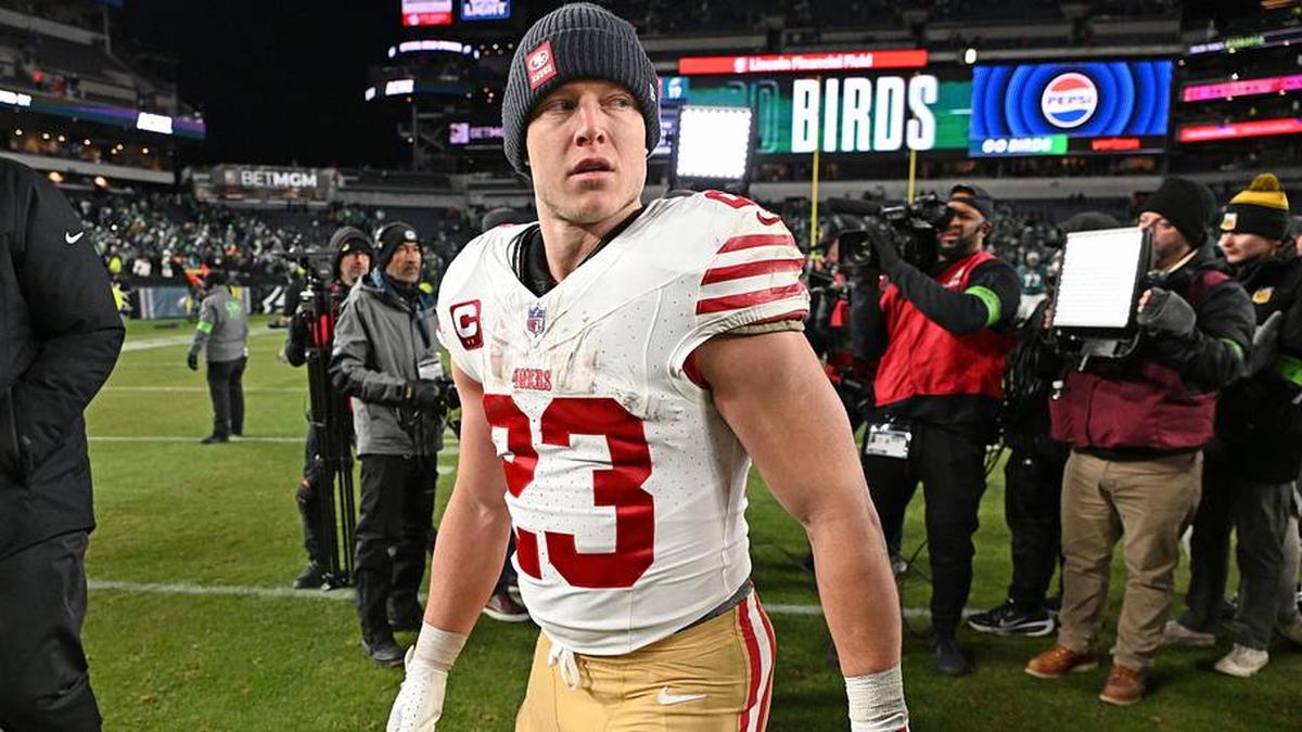  Jan 11, 2026; Philadelphia, PA, USA; San Francisco 49ers running back Christian McCaffrey (23) on the field after win against the Philadelphia Eagles in an NFC Wild Card Round game at Lincoln Financial Field. Mandatory Credit: Eric Hartline-Imagn Images | Eric Hartline-Imagn Images 