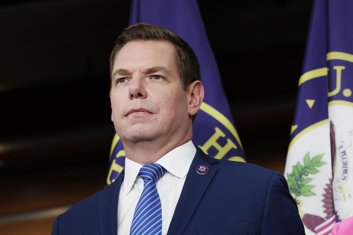  Then-Representative Eric Swalwell speaks at a press conference in Washington, D.C., on September 8, 2025. 