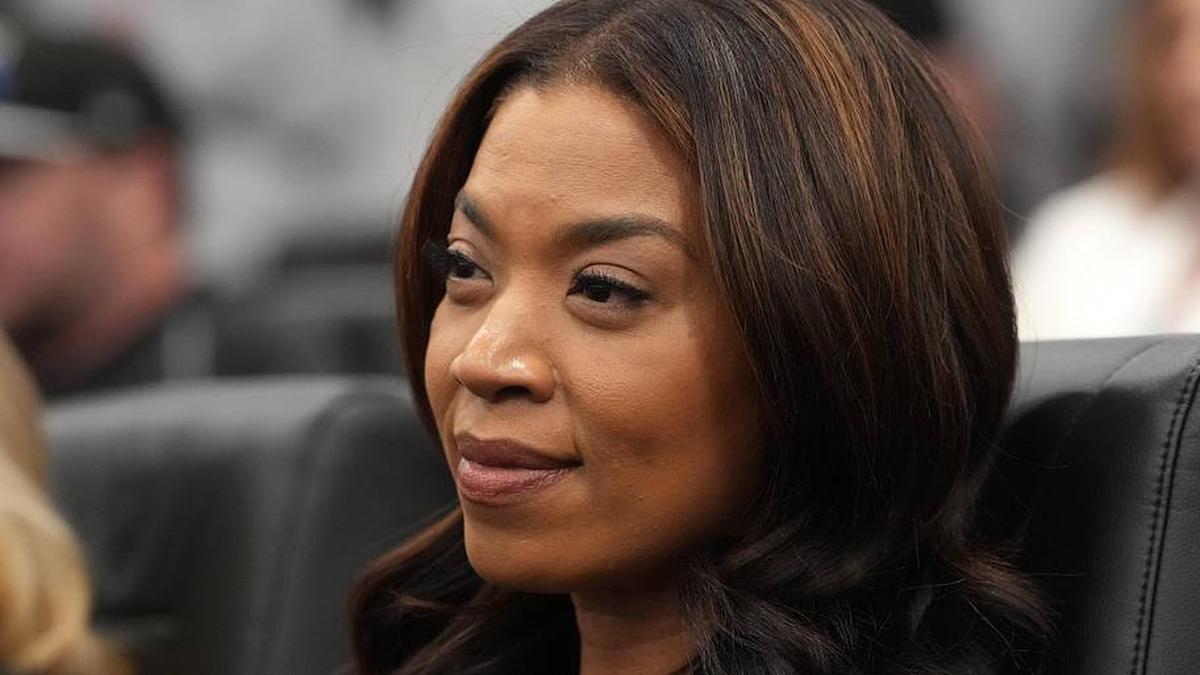  Apr 24, 2026; Henderson, NV, USA; Las Vegas Raiders president Sandra Douglass Morgan listtens at introductory press conference for quarterback Fernando Mendoza at Intermountain Health Performance Center. Mandatory Credit: Kirby Lee-Imagn Images | Kirby Lee-Imagn Images 