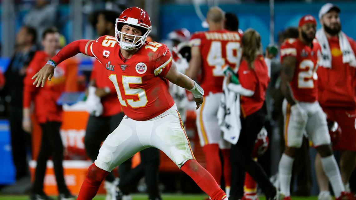 Kansas City Chiefs’ quarterback Patrick Mahomes celebrates his touchdown pass to Damien Williams in the the second half of the NFL Super Bowl 54 football game on Feb. 2, 2020, in Miami Gardens, Fla. (AP Photo/John Bazemore)