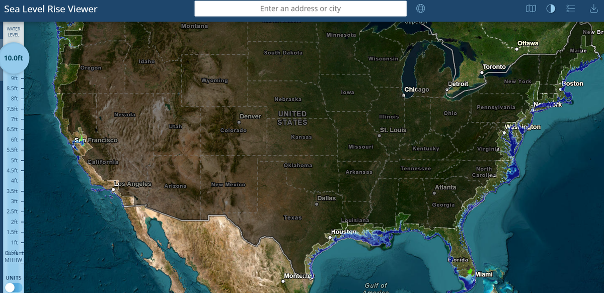  A screenshot of an NOAA map showing which U.S. cities would be underwater if there was a 10-foot sea level rise. 