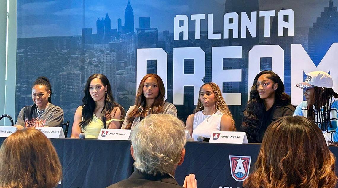  From left, Atlanta Dream players Allisha Gray, Brionna Jones, Naz Hillmon, Jordin Canada, Angel Reese, and Rhyne Howard field questions at a preseason news conference in Atlanta on April 17, 2026. Micahya Costen / Athlon Sports