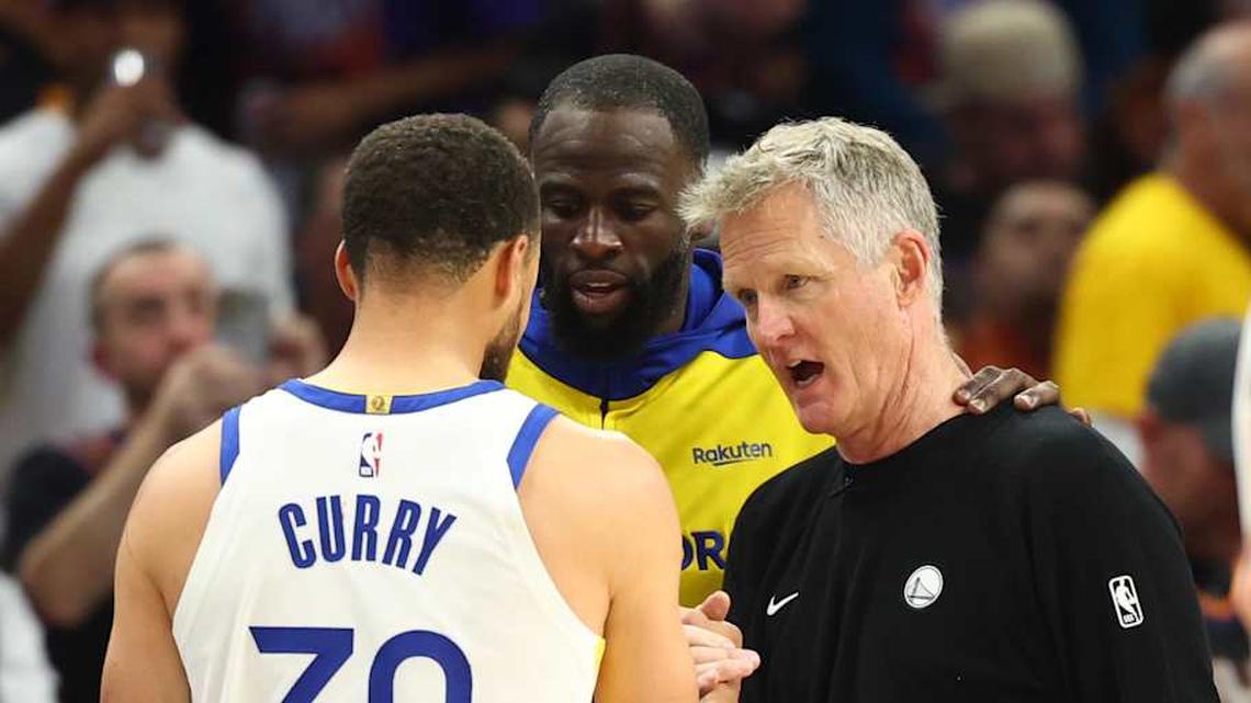  Steph Curry, Draymond Green and Steve Kerr shared a moment late in the play-in tournament loss to the Suns. Will it be their last as a trio with Golden State? | Mark J. Rebilas-Imagn Images 