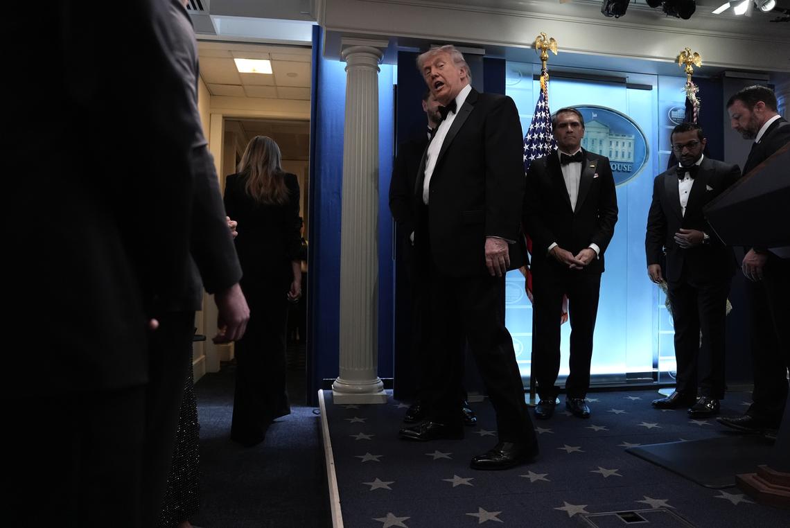 President Donald Trump departs after briefing reporters at the White House after shots were fired during the White House Correspondents' Association dinner at the Washington Hilton in Washington on Saturday, April 25, 2026. Trump was rushed from the stage but was unharmed. (Salwan Georges/The New York Times)