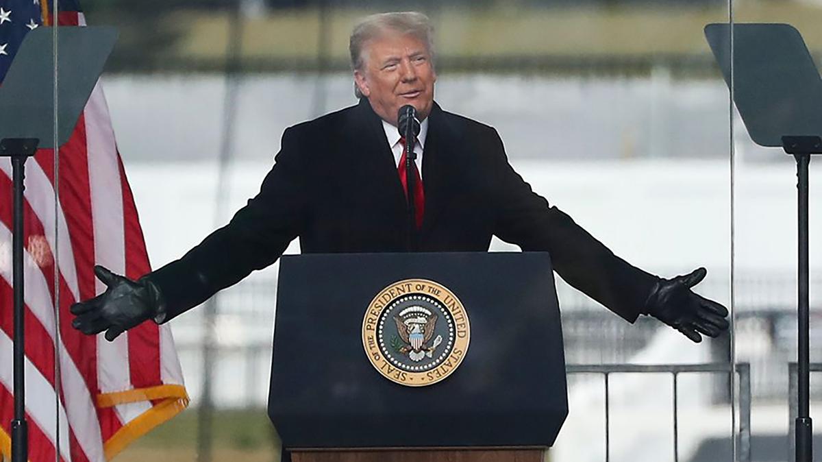 President Donald Trump gestures while speaking to the crowd during a “Save America” rally at the Ellipse on Jan. 6, 2020, in Washington, D.C. (Heather Khalifa/The Philadelphia Inquirer/TNS)