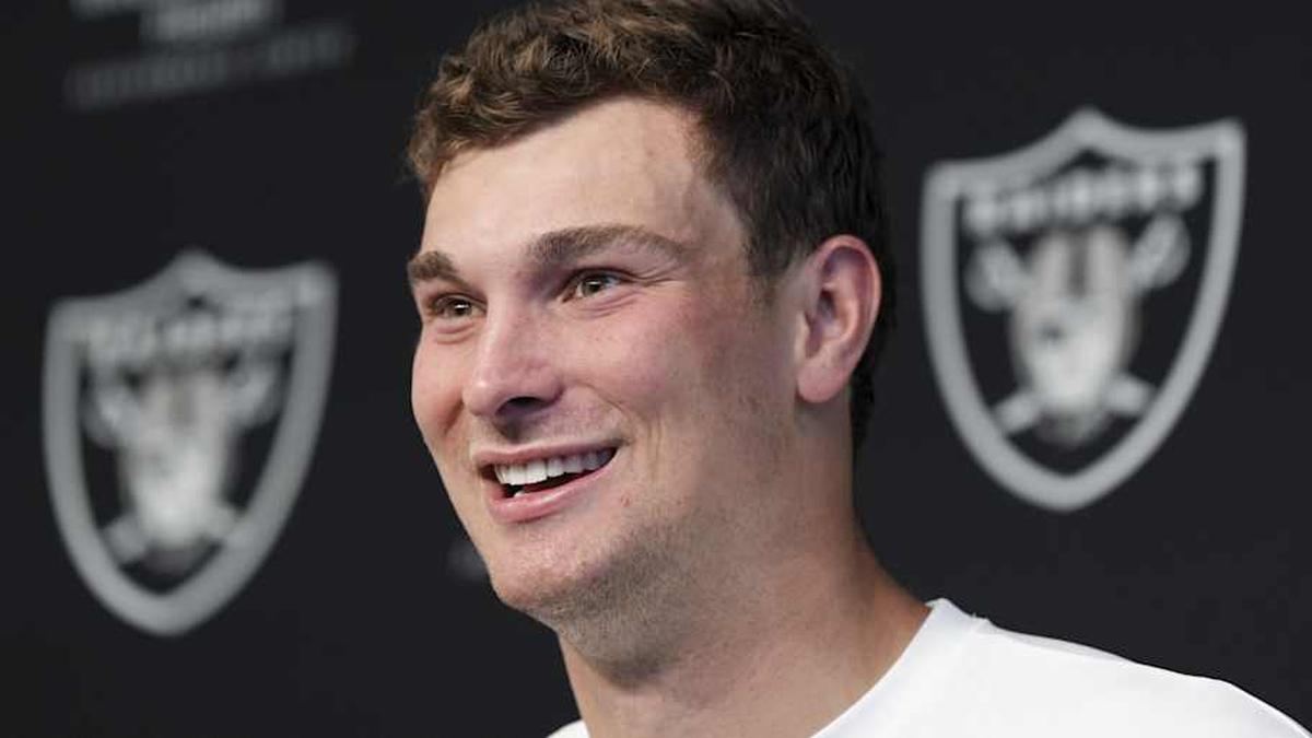  May 2, 2026; Henderson, NV, USA; Las Vegas Raiders quarterback Fernando Mendoza (15) speaks during a news conference at the team's Rookie Minicamp at Intermountain Health Performance Center. Mandatory Credit: Candice Ward-Imagn Images | Candice Ward-Imagn Images 