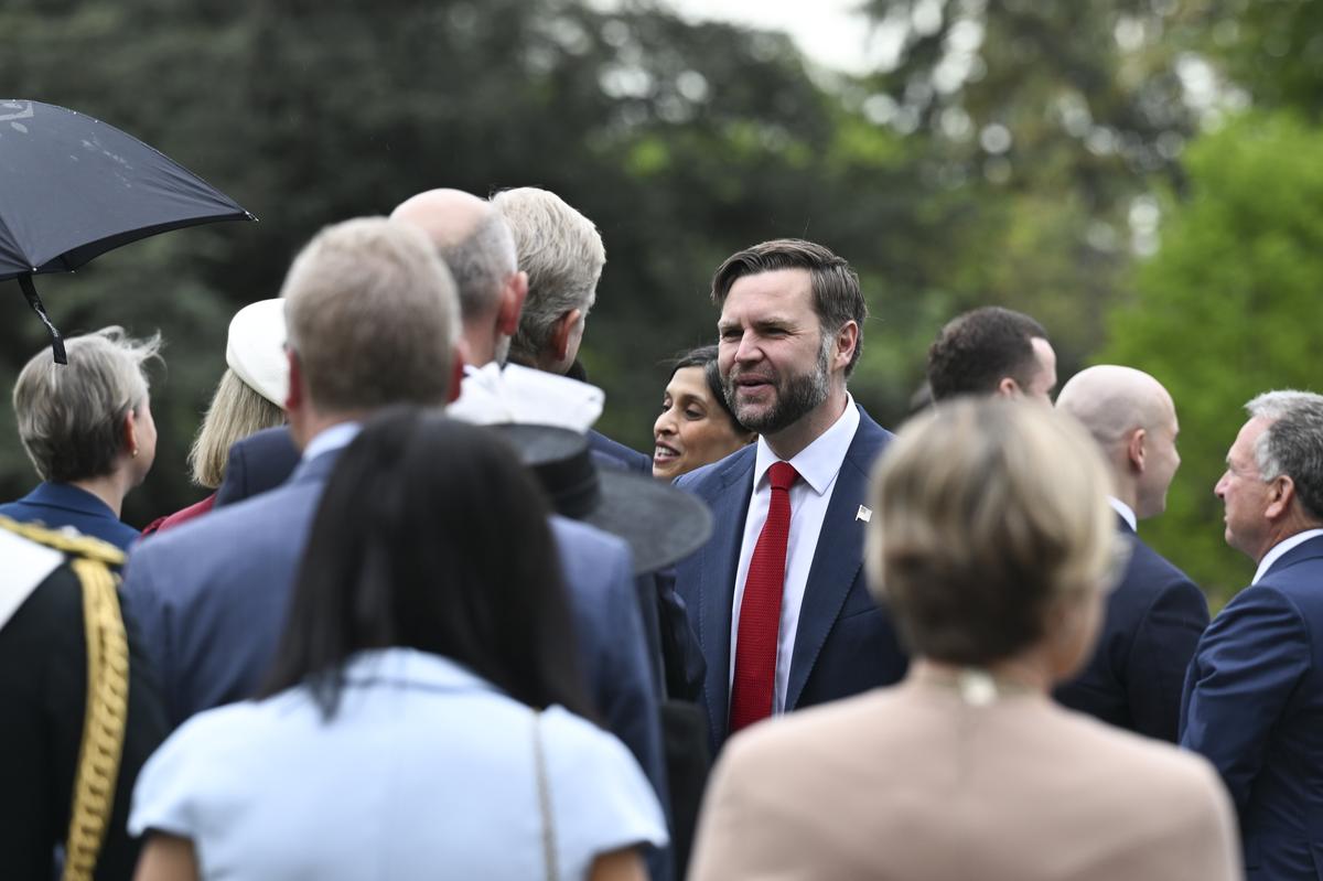 Vice President JD Vance and second lady Usha Vance attend an arrival ceremony for King Charles III and Queen Camilla on the South Lawn of the White House in Washington, on Tuesday, April 28, 2026. (Kenny Holston/The New York Times)
