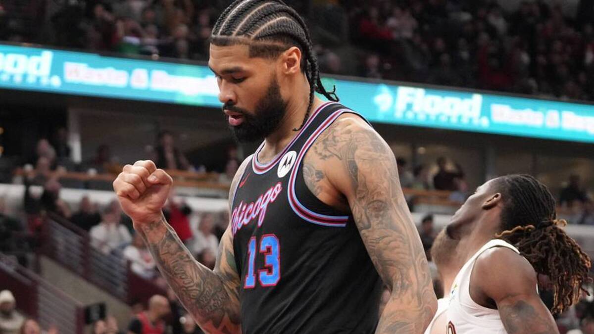  Mar 19, 2026; Chicago, Illinois, USA; Chicago Bulls center Nick Richards (13) gestures after scoring against the Cleveland Cavaliers during the second half at United Center. Mandatory Credit: David Banks-Imagn Images | IMAGN IMAGES via Reuters Connect 