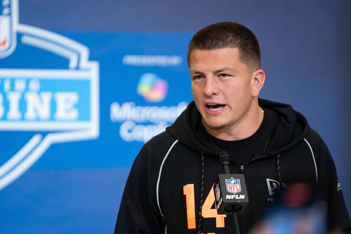  Vanderbilt quarterback Diego Pavia (QB14) speaks to members of the media during the NFL Combine 