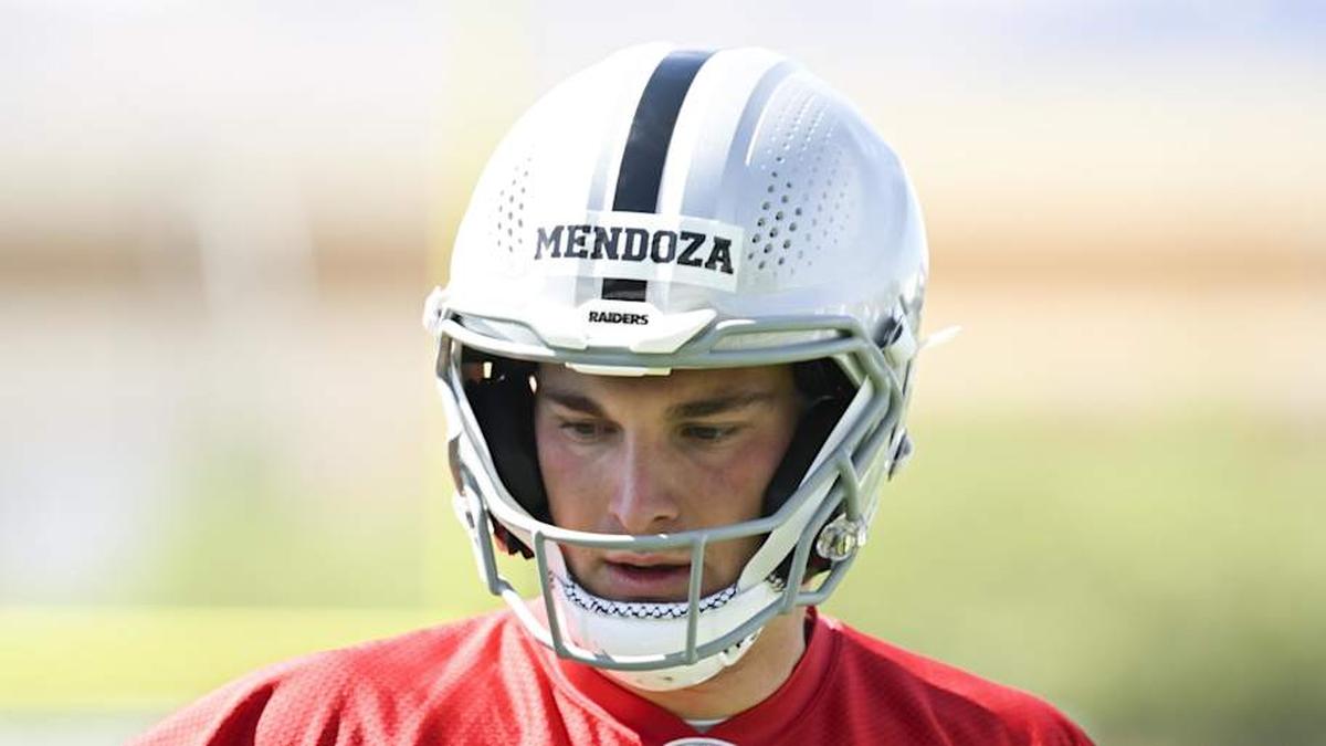  May 2, 2026; Henderson, NV, USA; Las Vegas Raiders quarterback Fernando Mendoza (15) runs through a drill during a Rookie Minicamp at Intermountain Health Performance Center. Mandatory Credit: Candice Ward-Imagn Images | Candice Ward-Imagn Images 