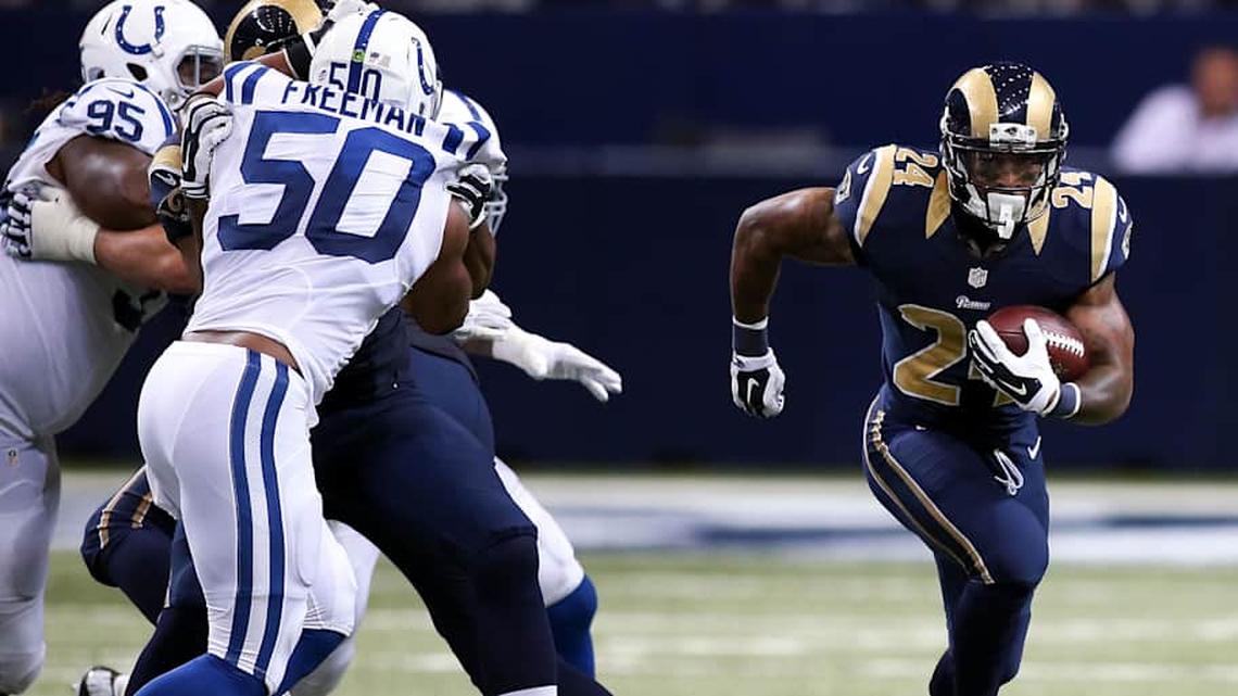  Aug 29, 2015; St. Louis, MO, USA; St. Louis Rams running back Isaiah Pead (24) carries the ball during the second quarter of a football game against the Indianapolis Colts at the Edward Jones Dome. Mandatory Credit: Scott Kane-Imagn Images | Scott Kane-Imagn Images 
