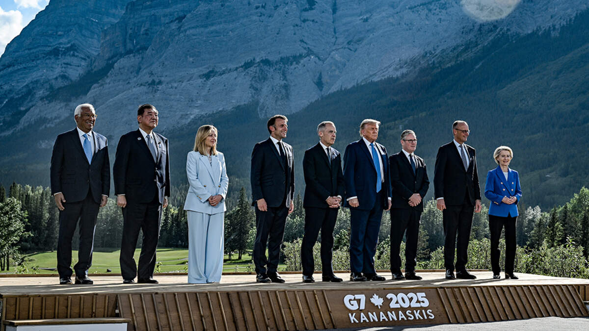 From left: European Council President António Costa, then-Japanese Prime Minister Shigeru Ishiba, Italian Prime Minister Giorgia Meloni, French President Emmanuel Macron, Canadian Prime Minister Mark Carney, President Donald Trump, U.K. Prime Minister Keir Starmer, German Chancellor Friedrich Merz and European Commission Presdient Ursula von der Leyen, during the group portrait session at the G7 summit in Kananaskis, Canada, near Calgary, on June 16, 2025. The Group of 7 meetings once embodied the effort to sustain the global diplomatic order. This year’s gathering, starting on Monday, symbolizes its fragmentation.