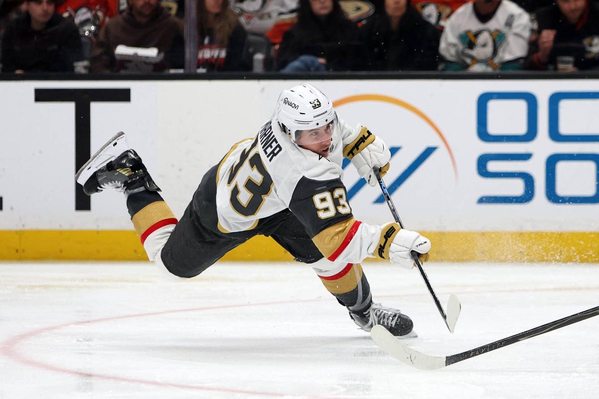  Vegas Golden Knights right wing Mitch Marner (93) takes a slapshot during the 2026 Stanley Cup Playoffs. Kiyoshi Mio-Imagn Images