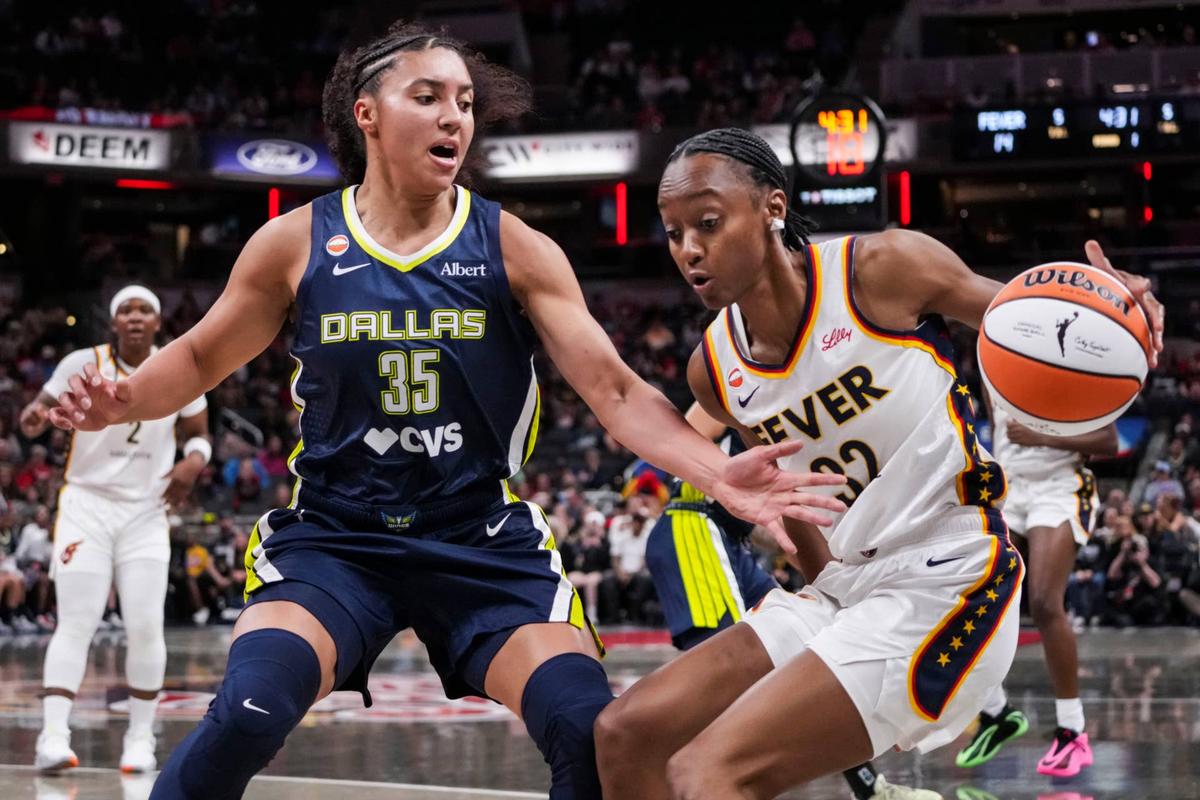  Dallas Wings guard Azzi Fudd (35) guards Indiana Fever guard Shatori Walker-Kimbrough (32). Grace Smith/IndyStar / USA TODAY NETWORK via Imagn Images