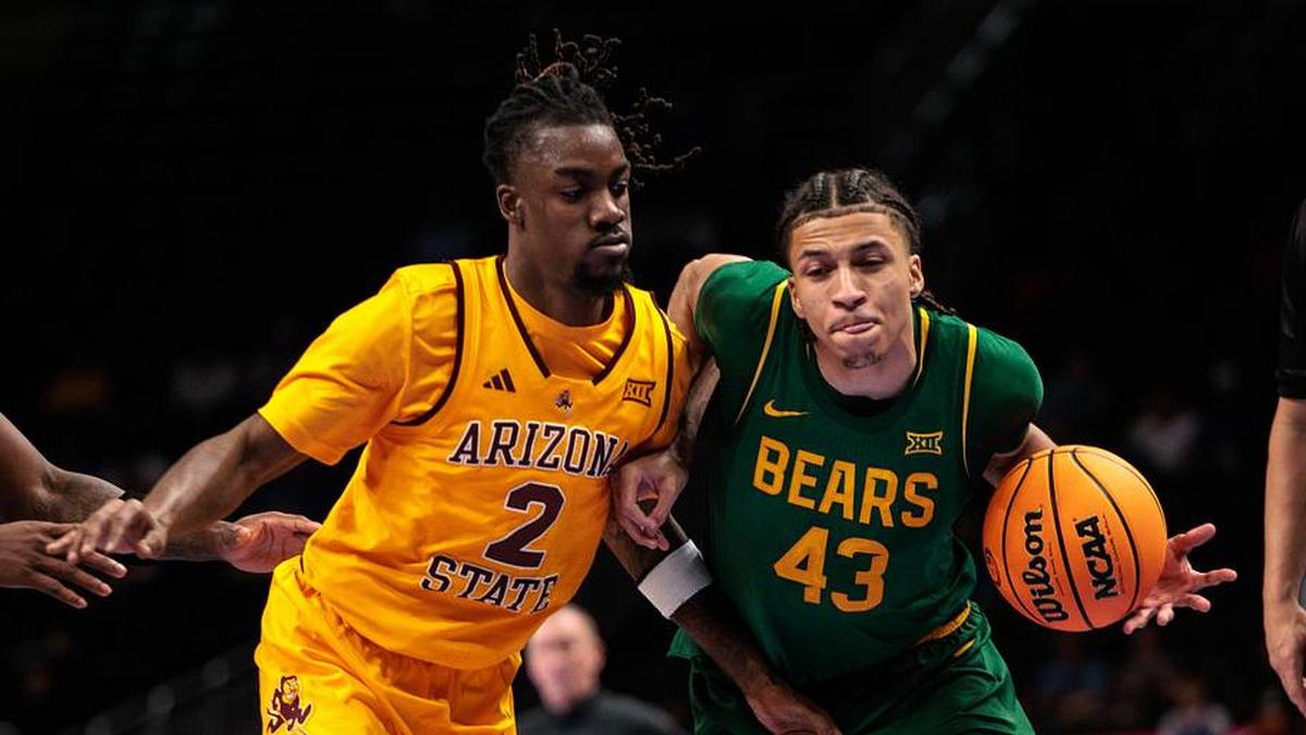  Mar 10, 2026; Kansas City, MO, USA; Baylor Bears guard Cameron Carr (43) drives around Arizona State Sun Devils guard Anthony Johnson (2) during the second half at T-Mobile Center. Mandatory Credit: William Purnell-Imagn Images | William Purnell-Imagn Images 