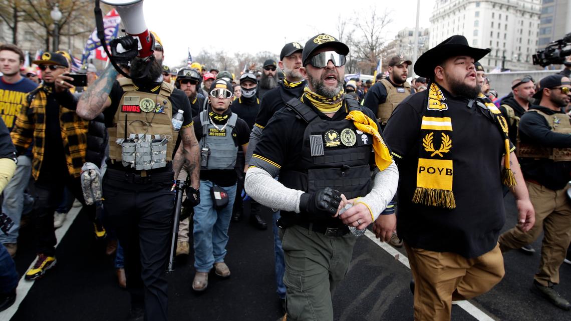 Supporters of President Donald Trump who are wearing attire associated with the Proud Boys attend a rally at Freedom Plaza, Saturday, Dec. 12, 2020, in Washington. (AP Photo/Luis M. Alvarez)