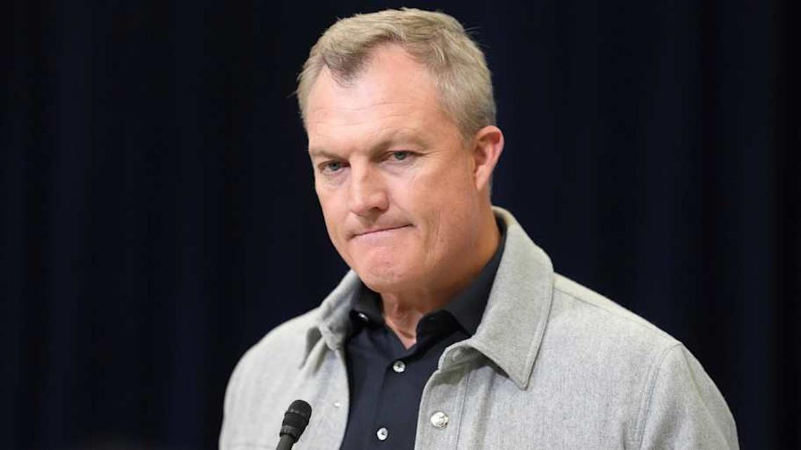  Feb 24, 2026; Indianapolis, IN, USA; San Francisco 49ers general manager John Lynch speaks at the NFL Scouting Combine at the Indiana Convention Center. Mandatory Credit: Kirby Lee-Imagn Images | Kirby Lee-Imagn Images 