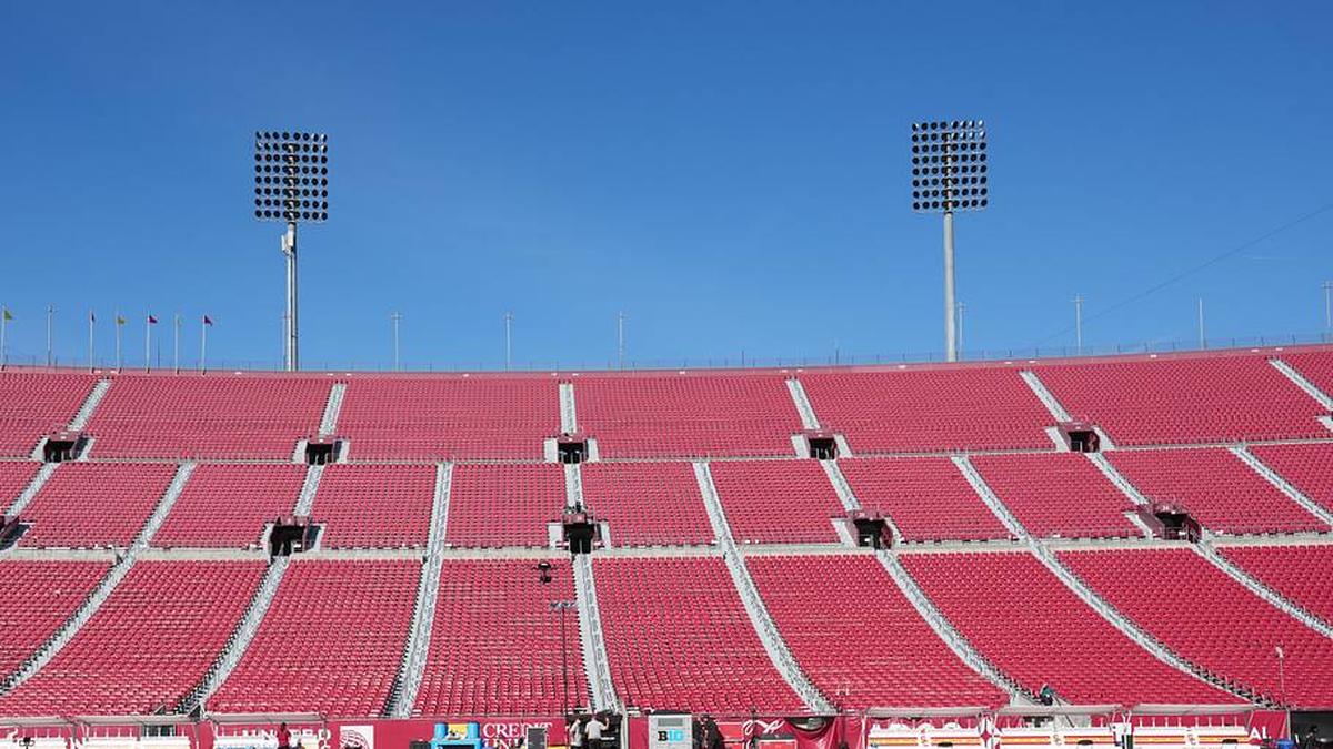  Nov 29, 2025; Los Angeles, California, USA; The Southern California Trojans logo at midifeld at United Airlines Field at Los Angeles Memorial Coliseum. Mandatory Credit: Kirby Lee-Imagn Images | Kirby Lee-Imagn Images 