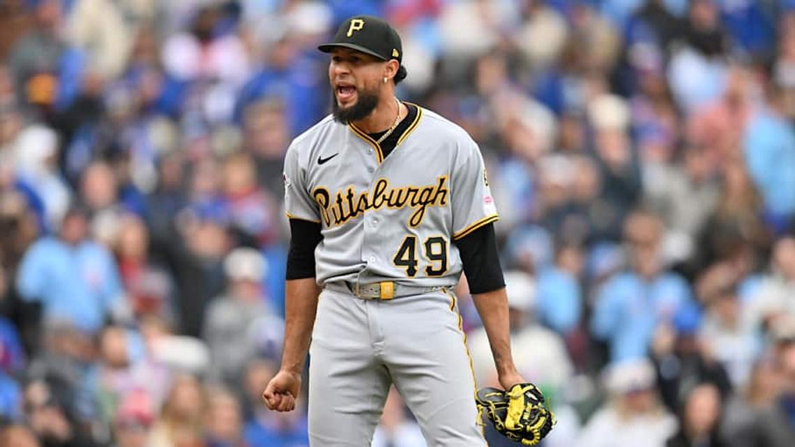  Apr 11, 2026; Chicago, Illinois, USA; Pittsburgh Pirates pitcher Yohan Ramirez (49) celebrates after ending the eleventh inning for his team's victory over the Chicago Cubs at Wrigley Field. | Patrick Gorski-Imagn Images 