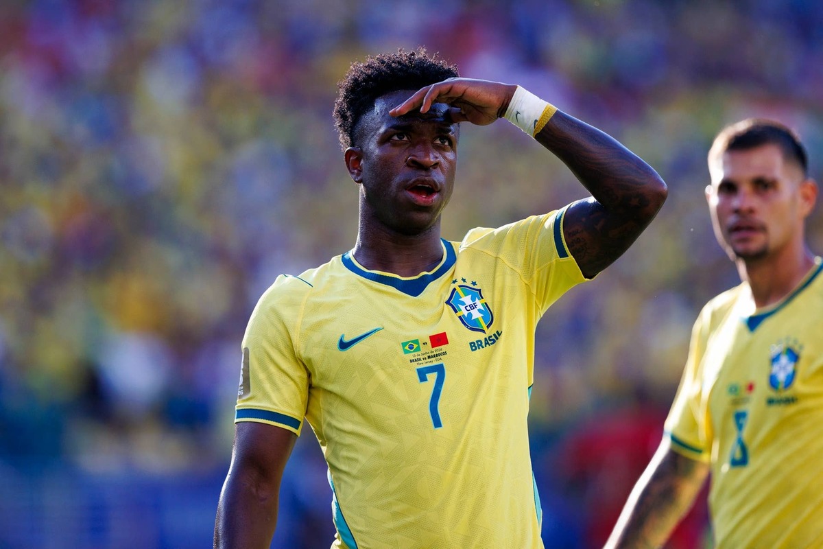  Vinícius Júnior of Brazil celebrates his goal during the FIFA World Cup 2026 Group C match between Brazil and Morocco at New York New Jersey Stadium on June 13, 2026 in East Rutherford, United States. (Photo by Paulo H. Dias/Eurasia Sport Images/Getty Images) Photo by Paulo H. Dias/Eurasia Sport Images/Getty Images